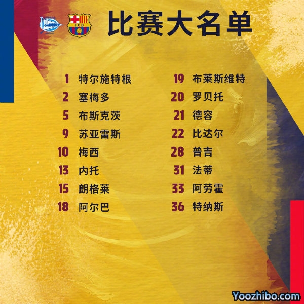 <a href=/zuqiubofang/barcelona/ target=_blank class=infotextkey>巴萨</a>收官战vs阿拉维斯大名单