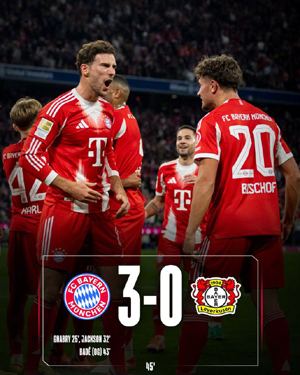 德甲-拜仁3-0勒沃库森 格纳布里破门 杰克逊建功